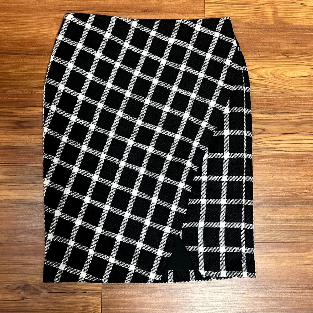 Ann Taylor Wrap Skirt Womens 10 Black White Check Pencil Career Office Wear NWT